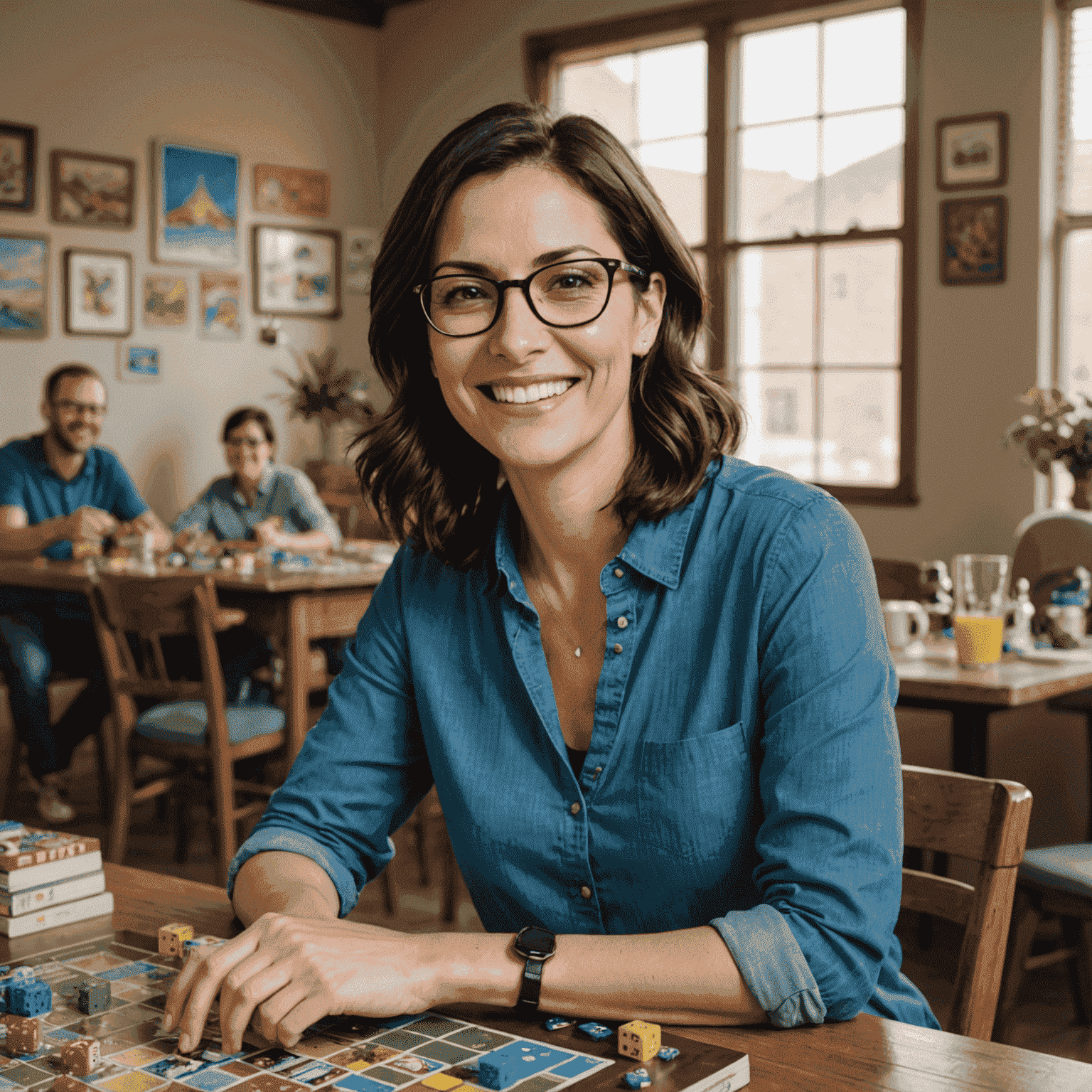 Portrait of Maria Garcia, a woman in her 30s with short dark hair and glasses, smiling warmly at the camera. She's wearing a casual blue shirt and is seated at a table with various board games spread out in front of her.