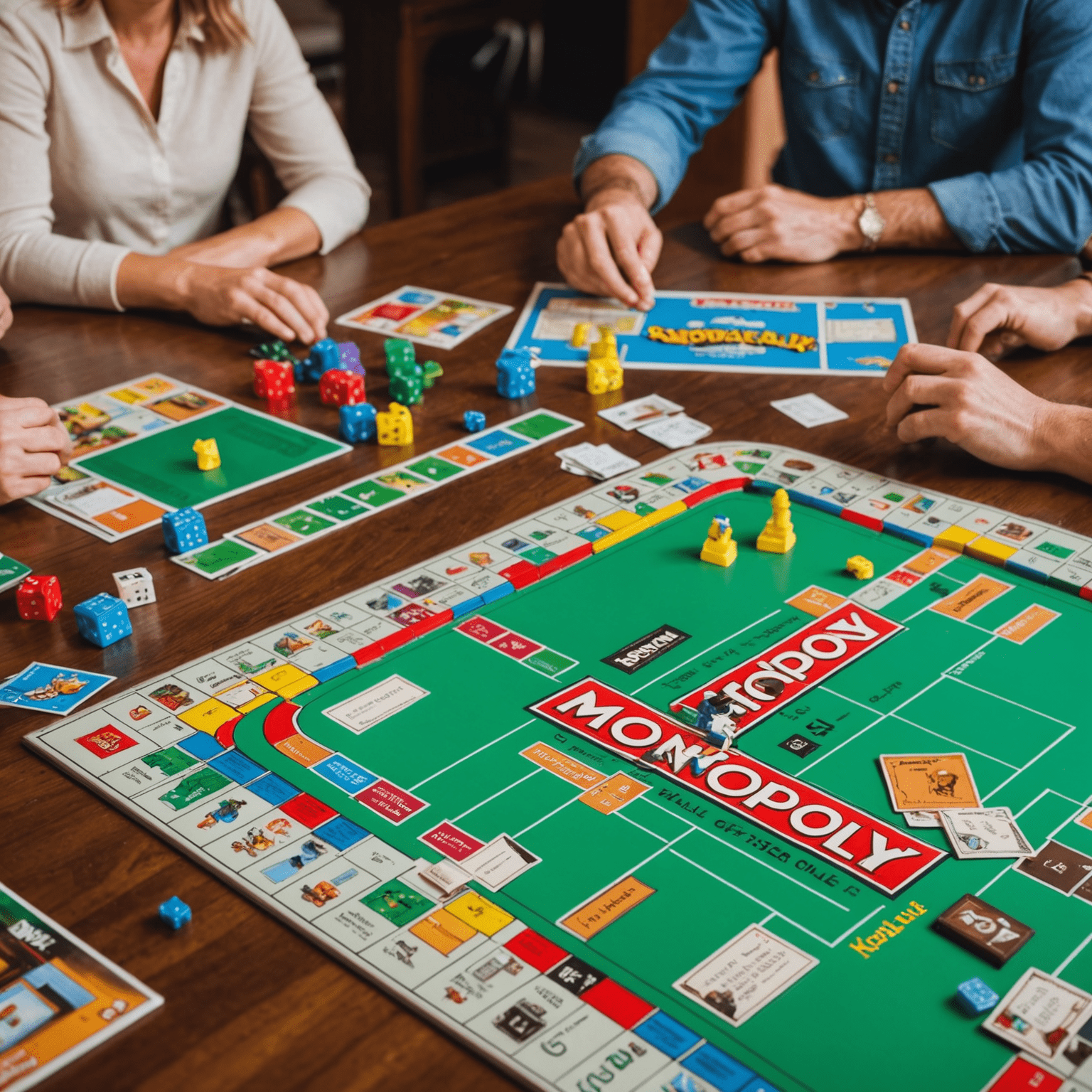 A collection of colorful board games suitable for family game night, including classics like Monopoly, Scrabble, and newer titles, arranged on a wooden table with happy family members in the background