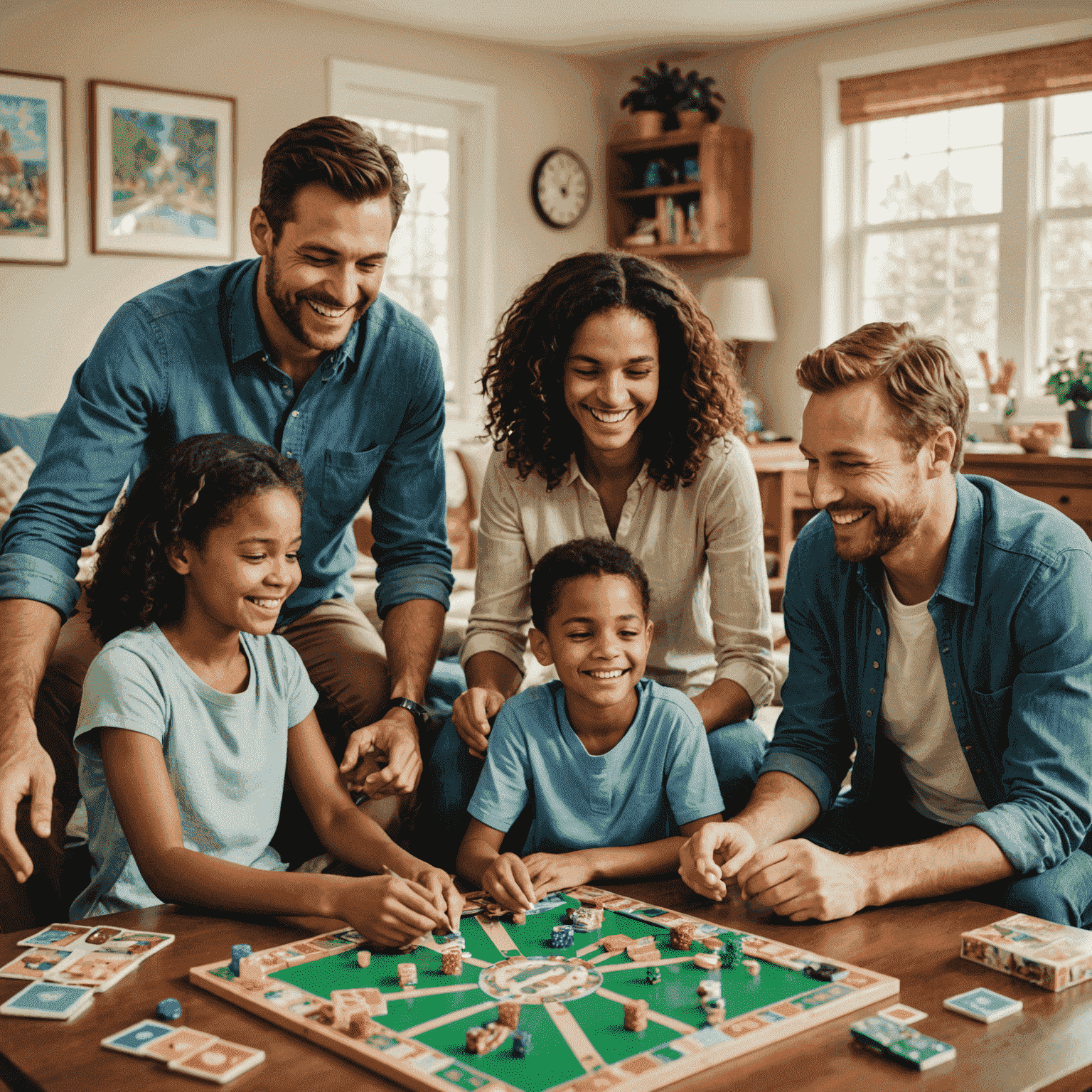 A family gathered around a table, playing board games with smiles on their faces. Various colorful game boxes are visible in the background.