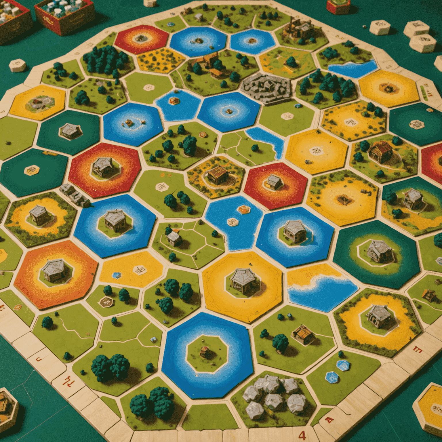 Catan board game setup with hexagonal tiles representing different resources, settlements, and roads