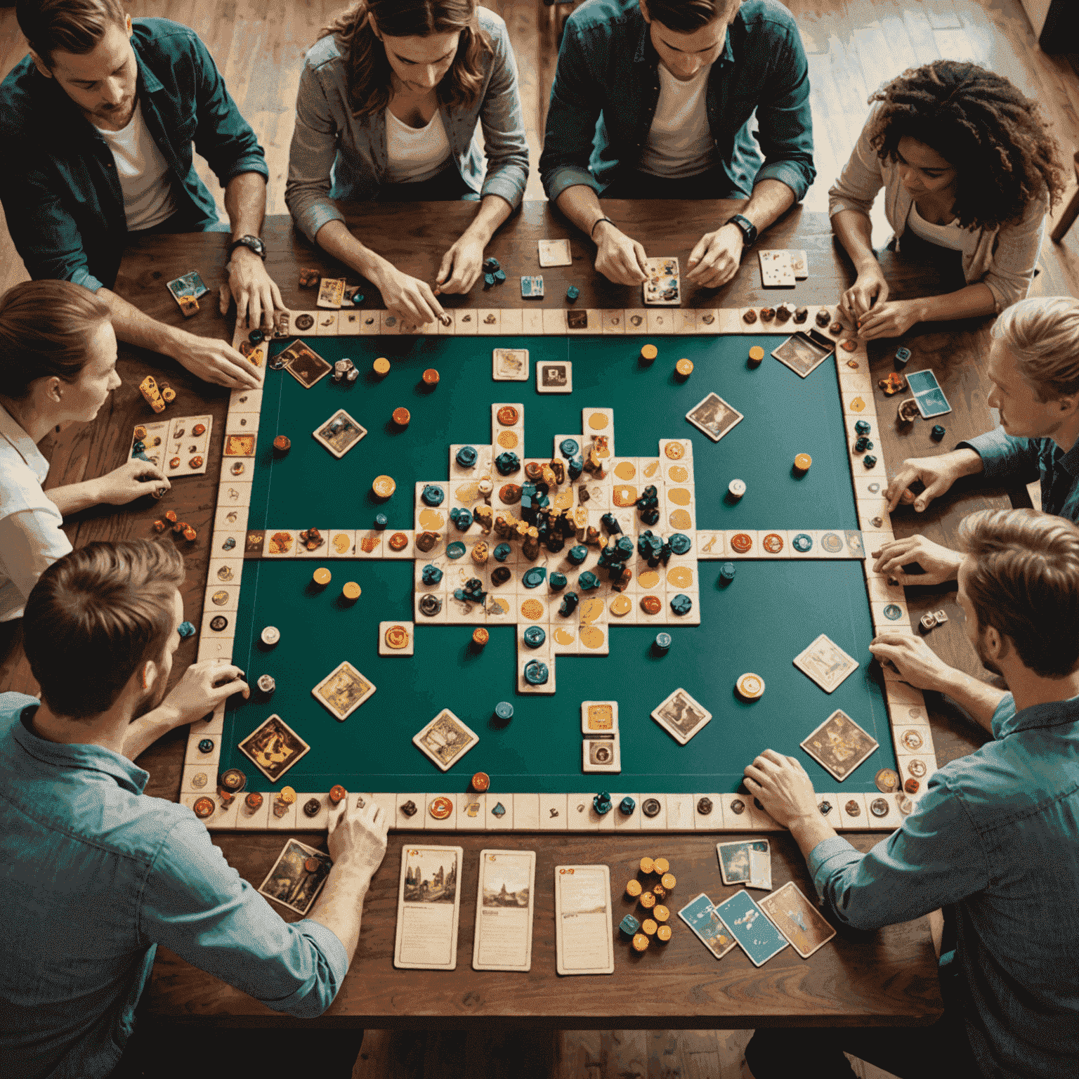 A group of people intensely focused on a complex strategy board game, with various game pieces and cards spread across a large table