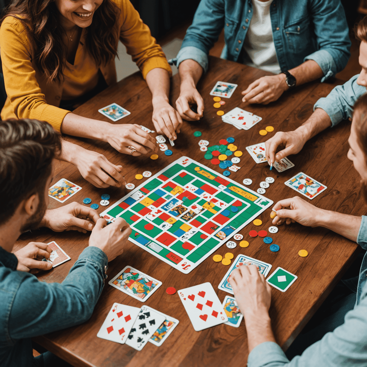 A group of friends laughing and playing a party game around a table, with colorful game pieces and cards scattered about