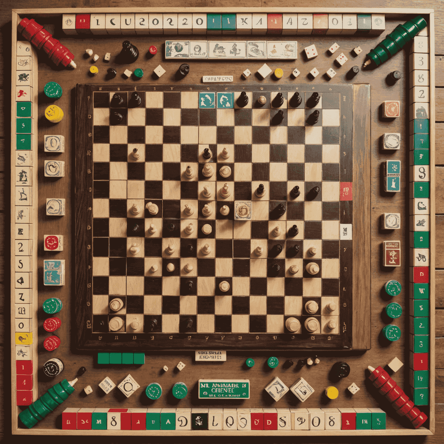 A collection of classic board games including Chess, Monopoly, Scrabble, and Clue arranged on a wooden table