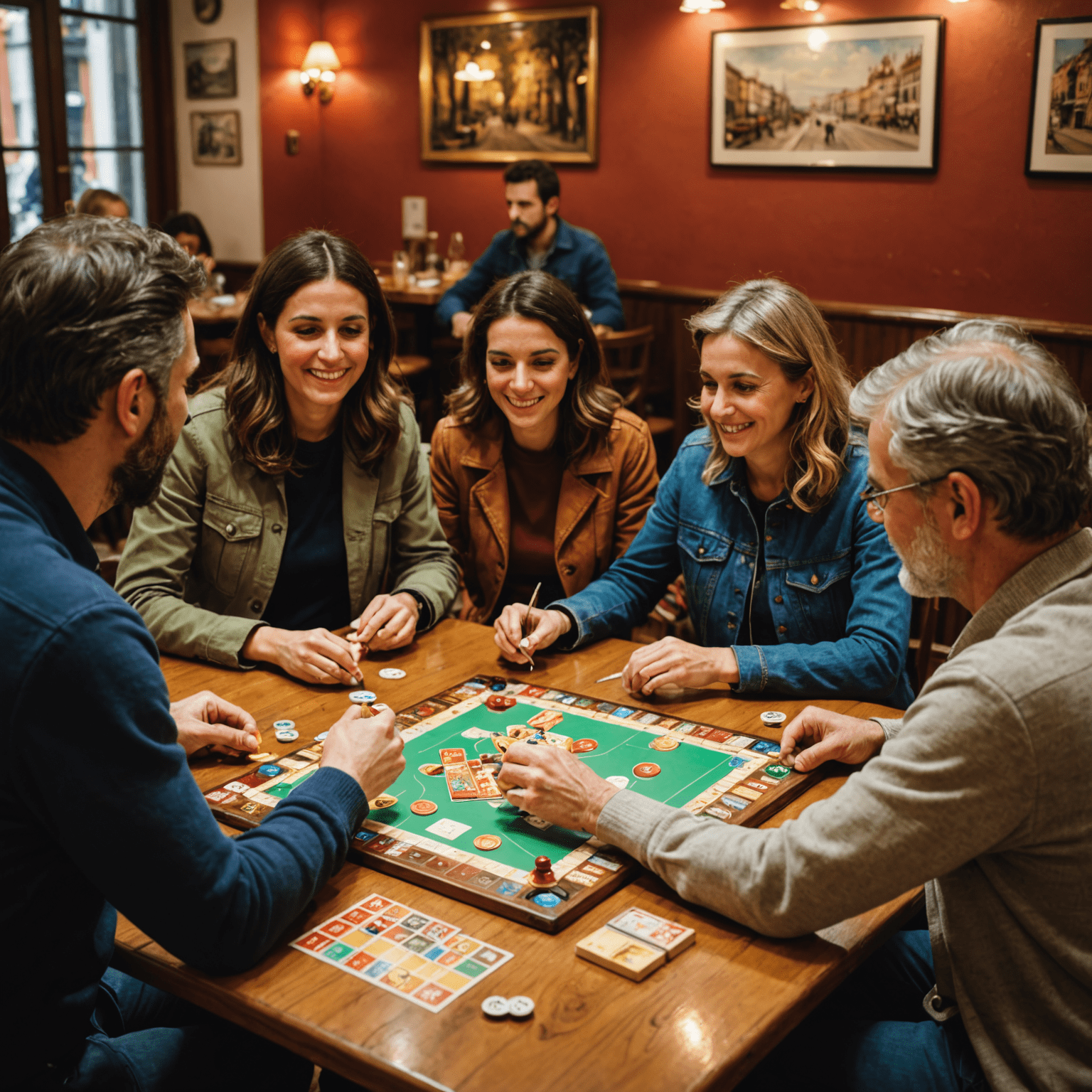 A group of people playing a popular Spanish board game 'La Oca' in a cozy café in Madrid