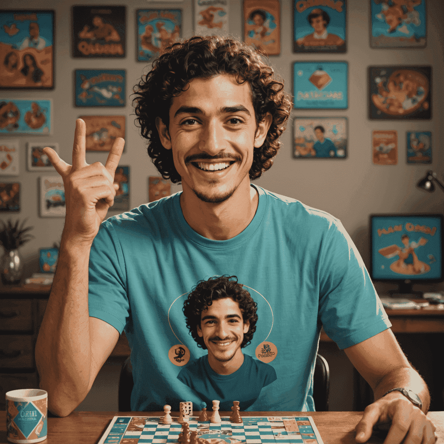 Portrait of Javier Fernandez, a man in his late 20s with curly hair and a friendly smile. He's wearing a graphic t-shirt featuring a popular board game character and is gesturing enthusiastically while explaining a game rule.