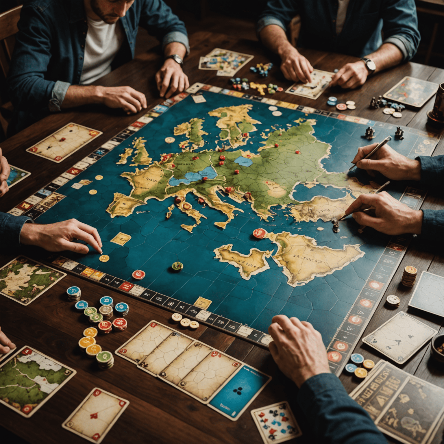 A close-up of a complex strategy board game with intricate pieces, maps, and cards spread out on a dark wooden table, with two players deep in concentration