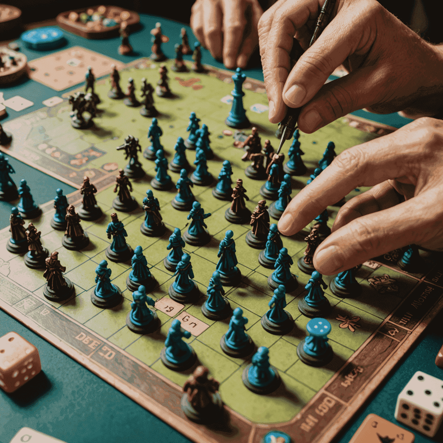 A close-up of a complex strategy game board with miniature figures, cards, and tokens. A player's hand is visible, contemplating their next move.