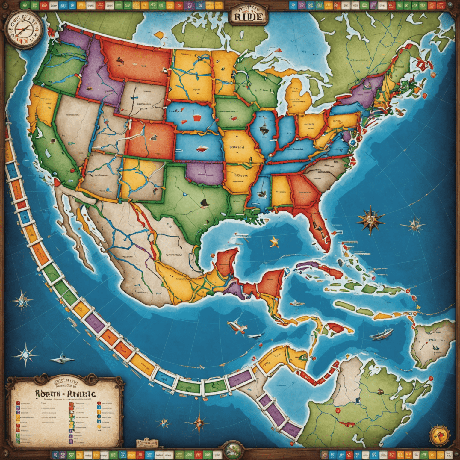 Ticket to Ride game board featuring a map of North America with colorful train routes and player pieces