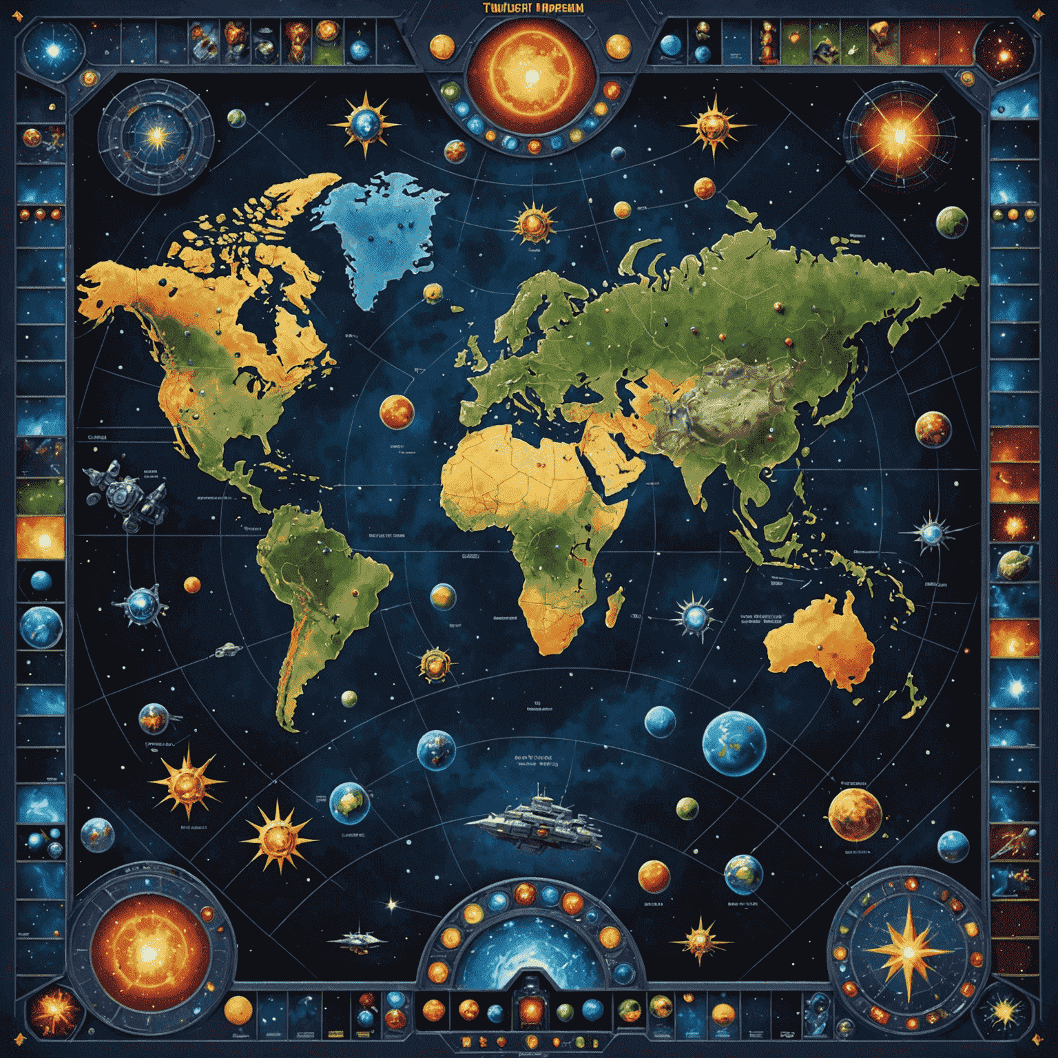 A detailed game board of Twilight Imperium, showing a vast star map with various alien races' ships and territories