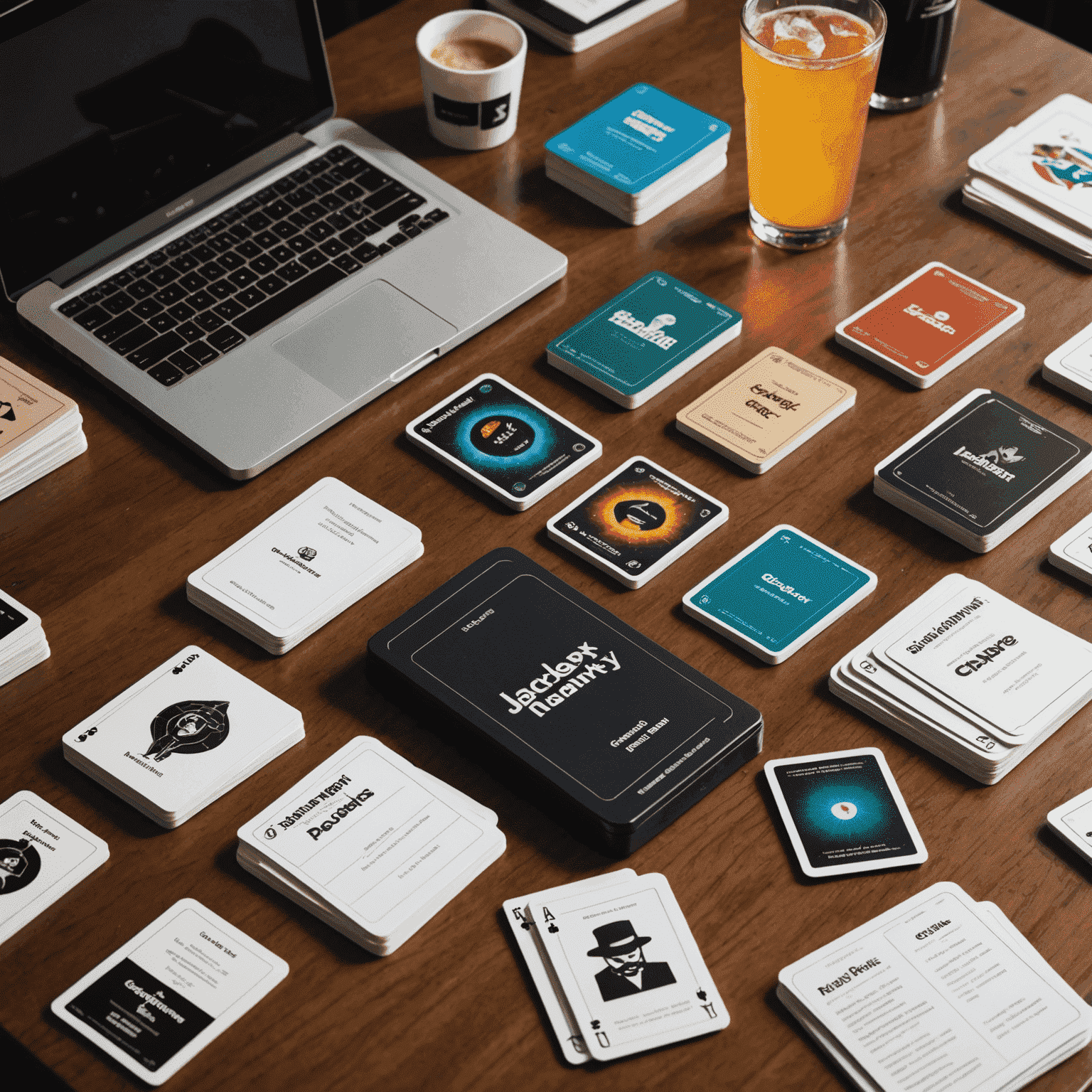 A table with various modern party games laid out, including Cards Against Humanity, Jackbox Party Pack, and Codenames