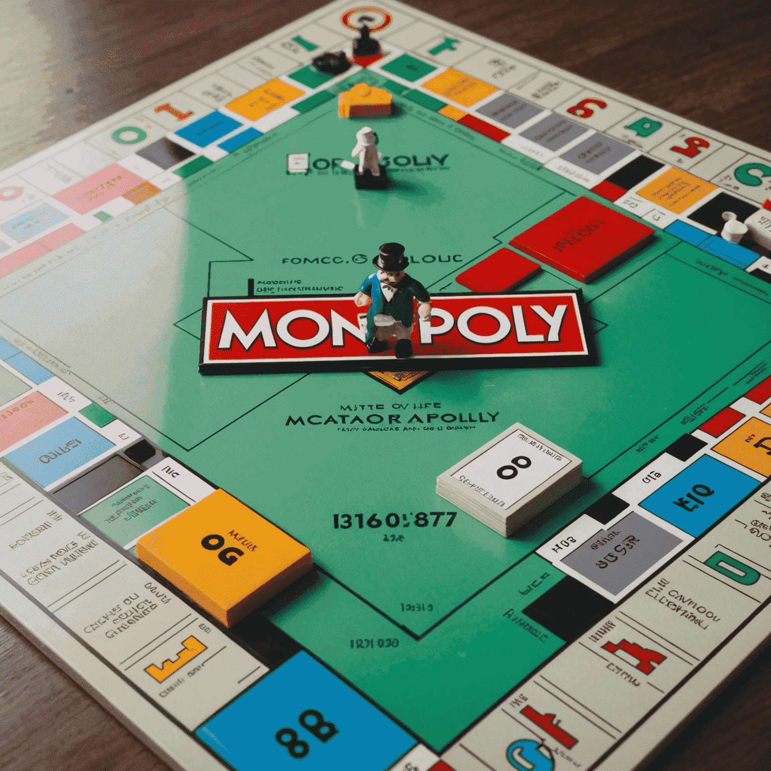 A close-up of a Monopoly board mid-game, showing colorful properties, houses, and hotels