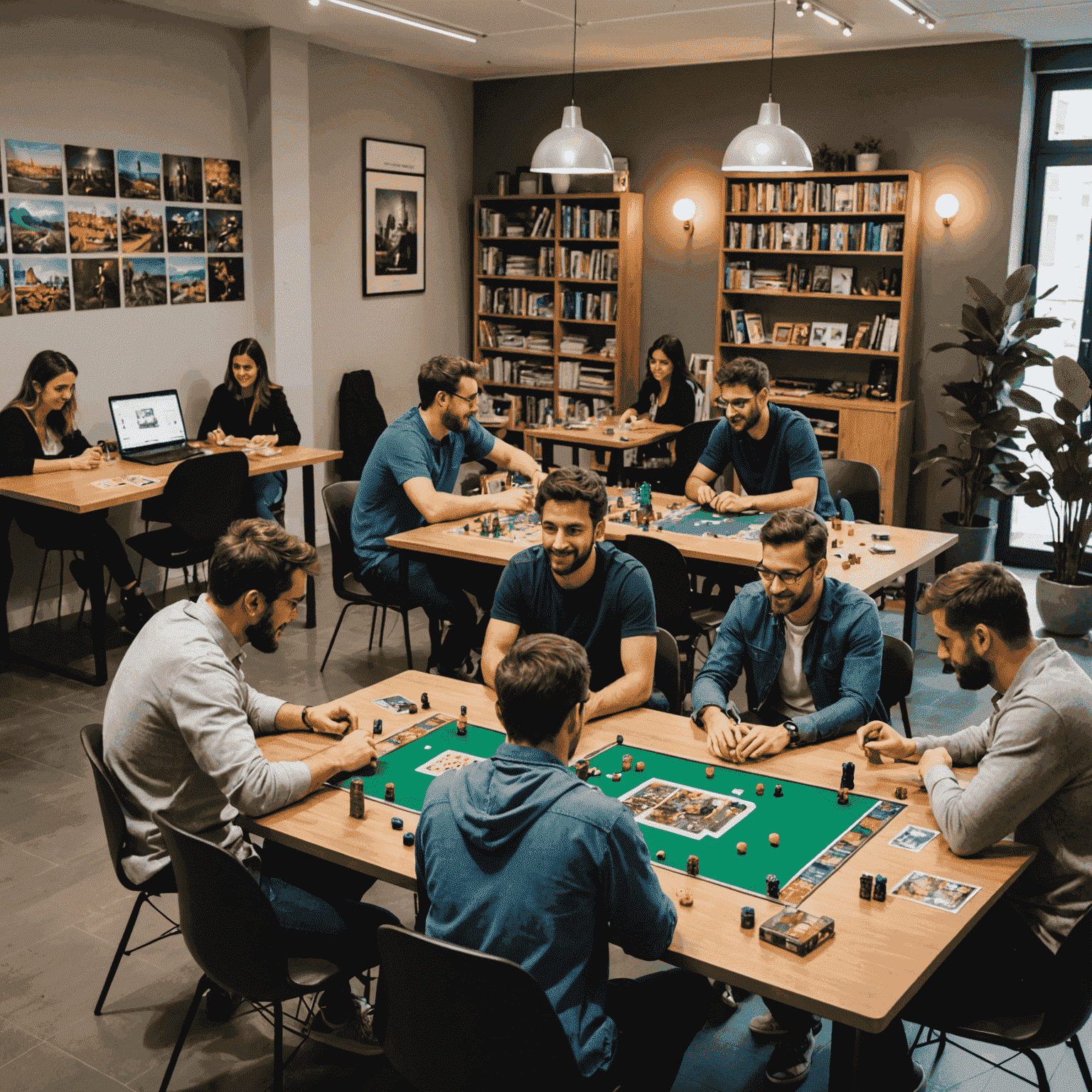 Interior of our Barcelona office showing multiple tables set up with various board games, players engaged in gameplay, and a welcoming atmosphere