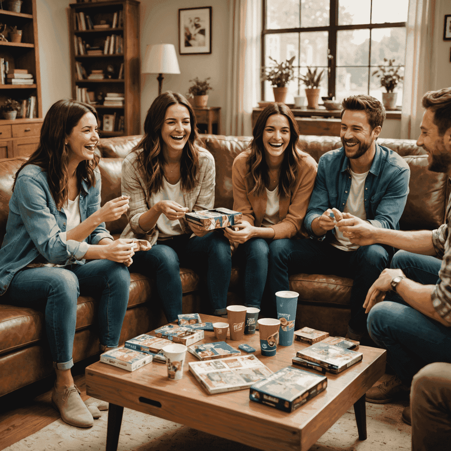 A lively scene of friends laughing and playing party games in a living room, with various game boxes and components visible on a coffee table