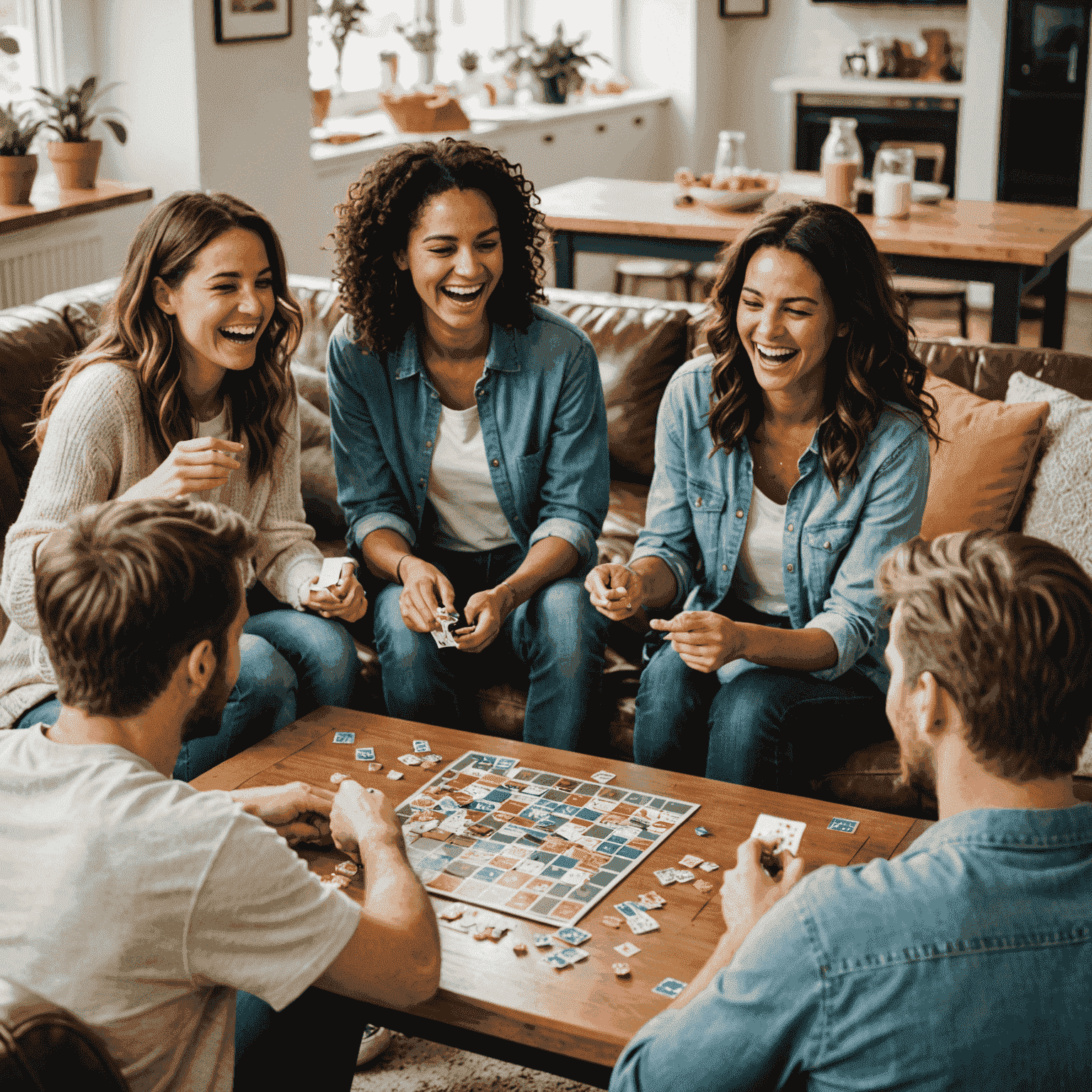 A lively group of friends laughing and playing a party game in a living room. Game cards and pieces are scattered on a coffee table.