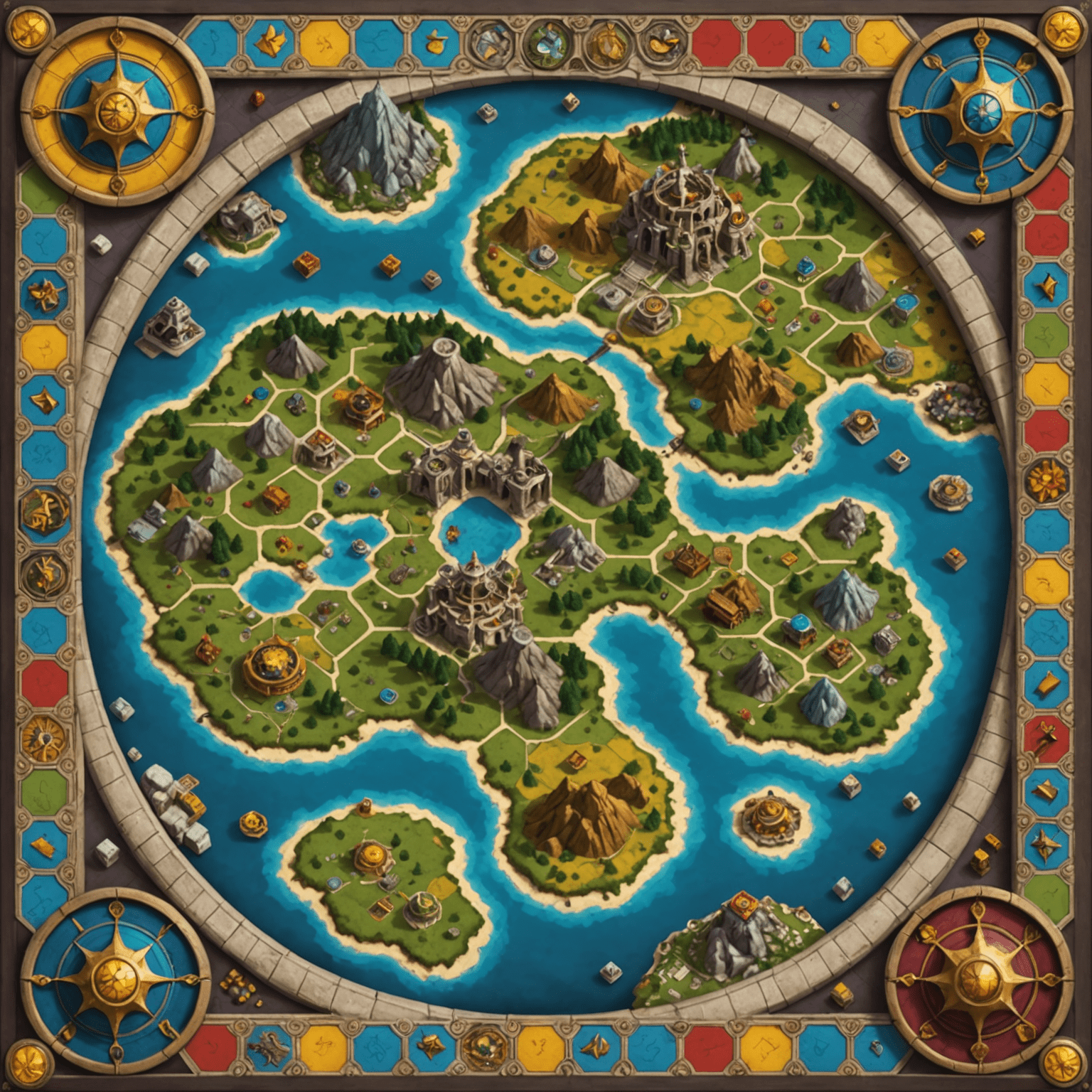 The colorful game board of Terra Mystica, showcasing various fantasy landscapes and intricate player pieces representing different races