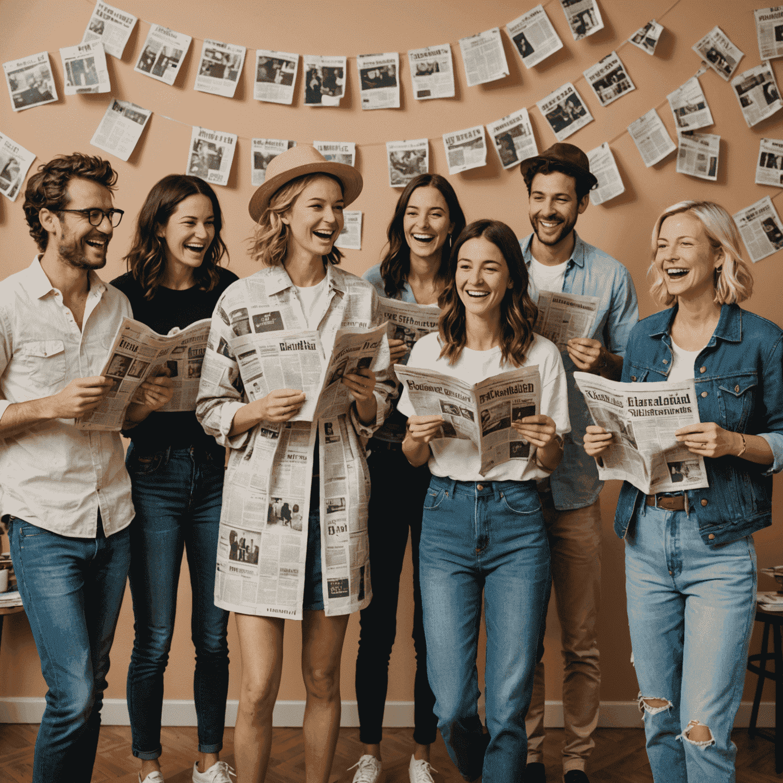 A group of people participating in a DIY party game, creating outfits from newspapers and laughing together