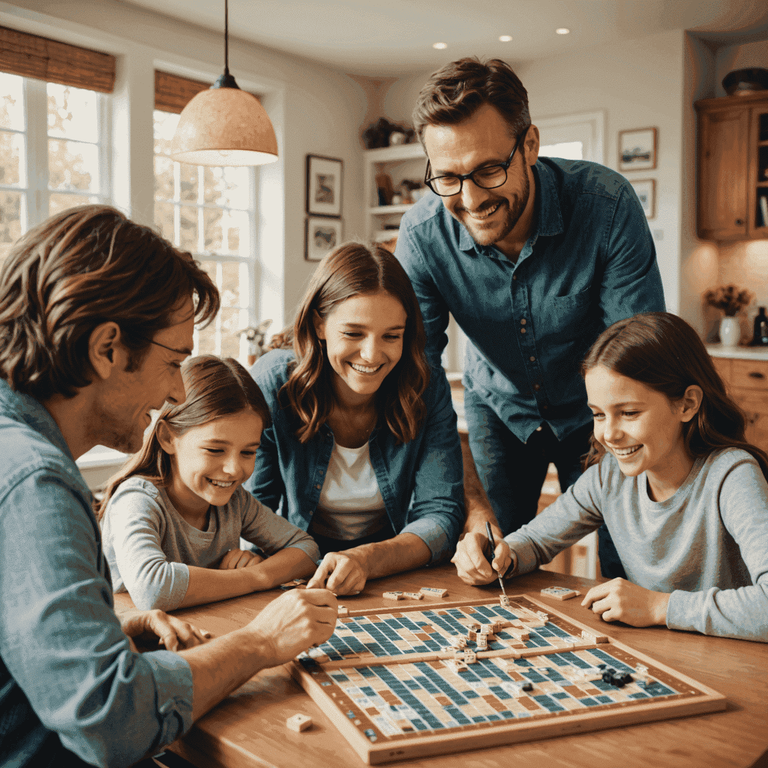 A family gathered around a table, engrossed in a game of Scrabble, with smiles on their faces