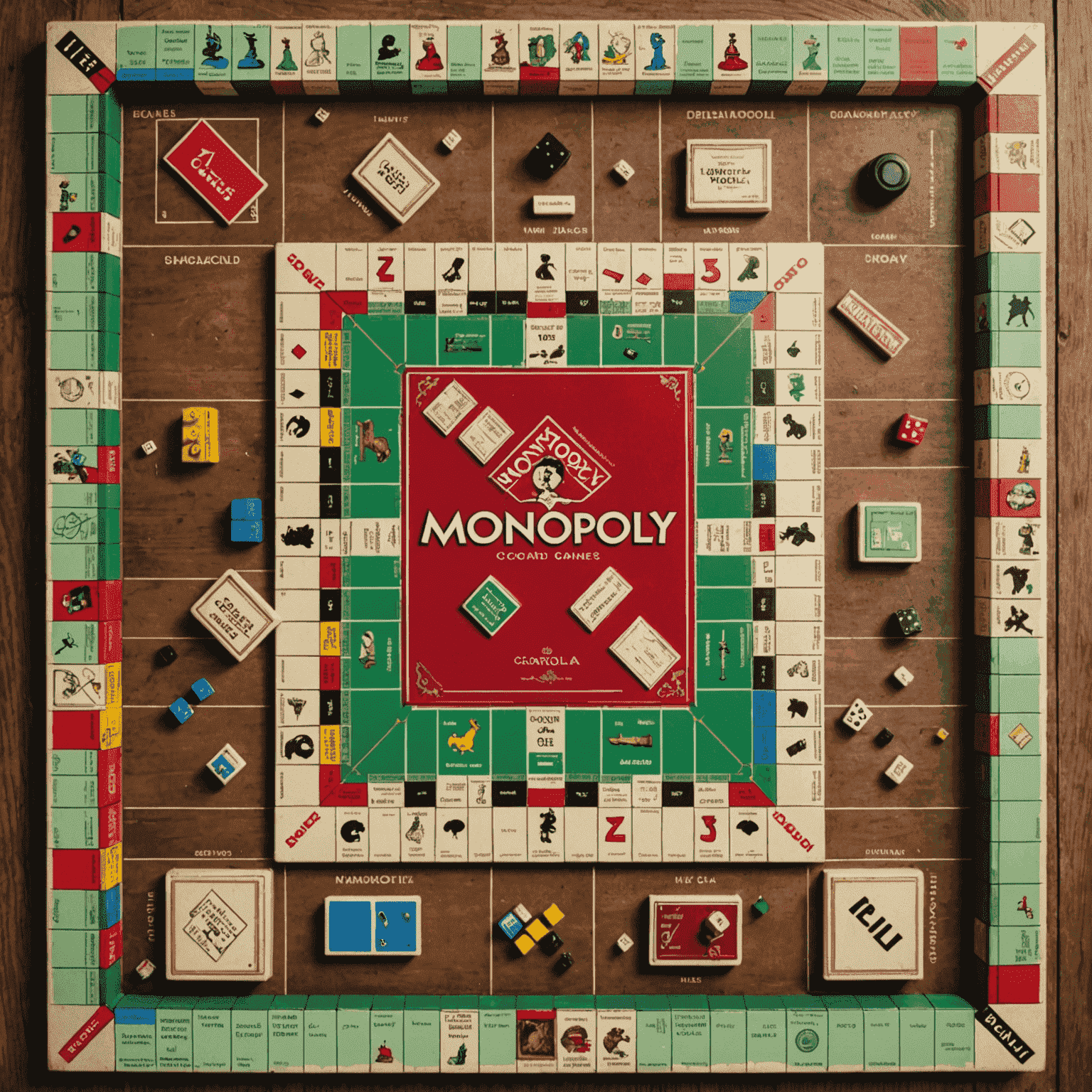 A nostalgic arrangement of classic board games like Monopoly, Scrabble, and Chess. The games are displayed on a wooden table with a vintage look.