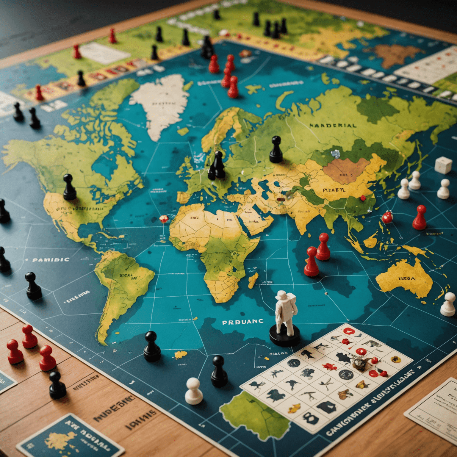 Pandemic game board showing a world map with disease cubes and player pawns strategically placed