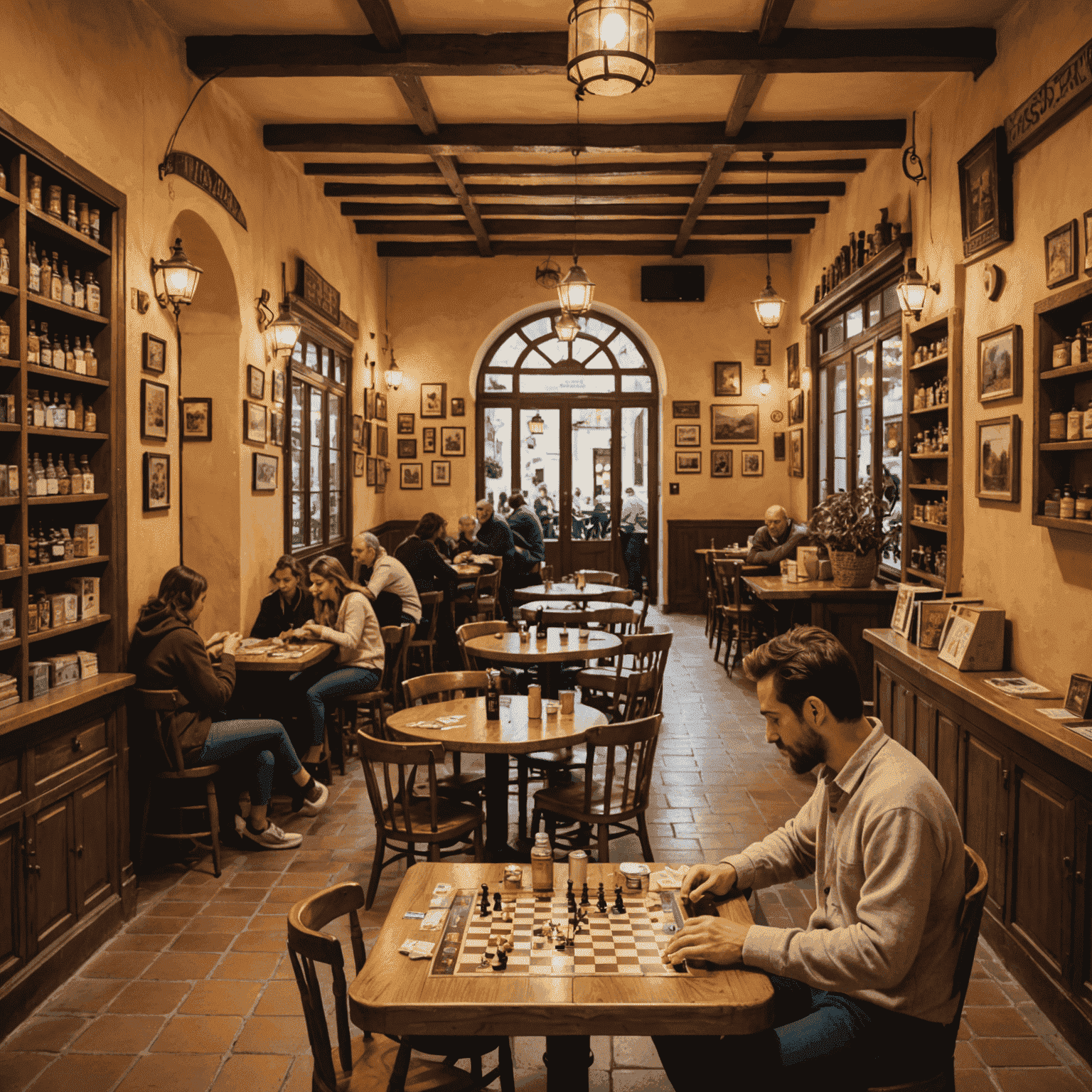 A cozy Spanish café with people playing board games. Traditional Spanish architecture and décor are visible, along with a variety of board games on shelves.