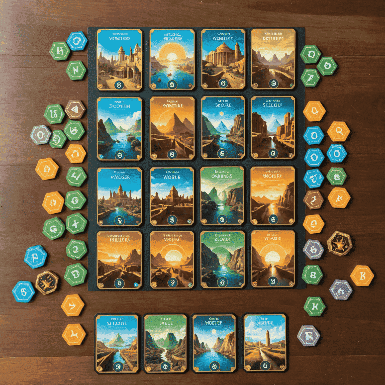 7 Wonders game setup with wonder boards, resource cards, and victory point tokens