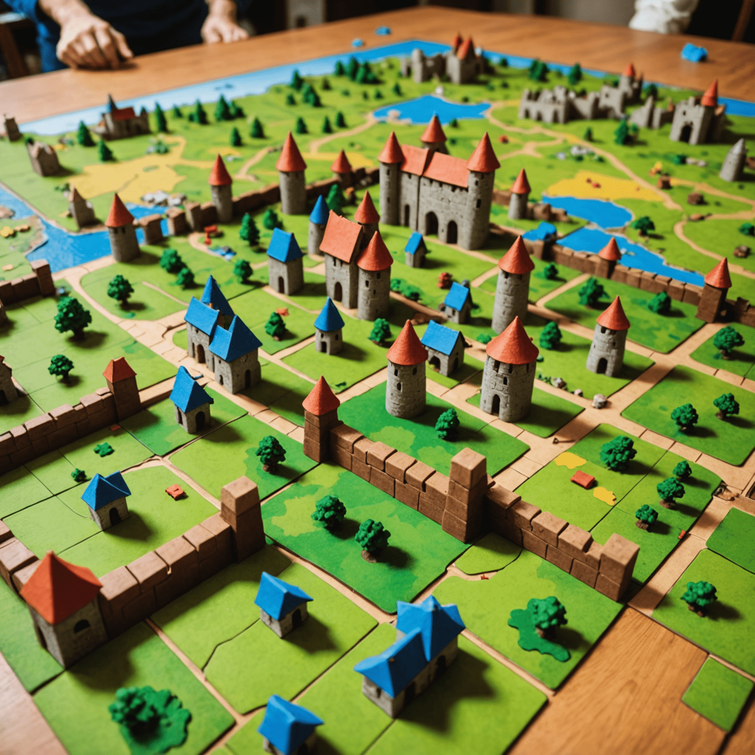 Carcassonne game in progress showing a partially built medieval landscape with meeples placed on various features