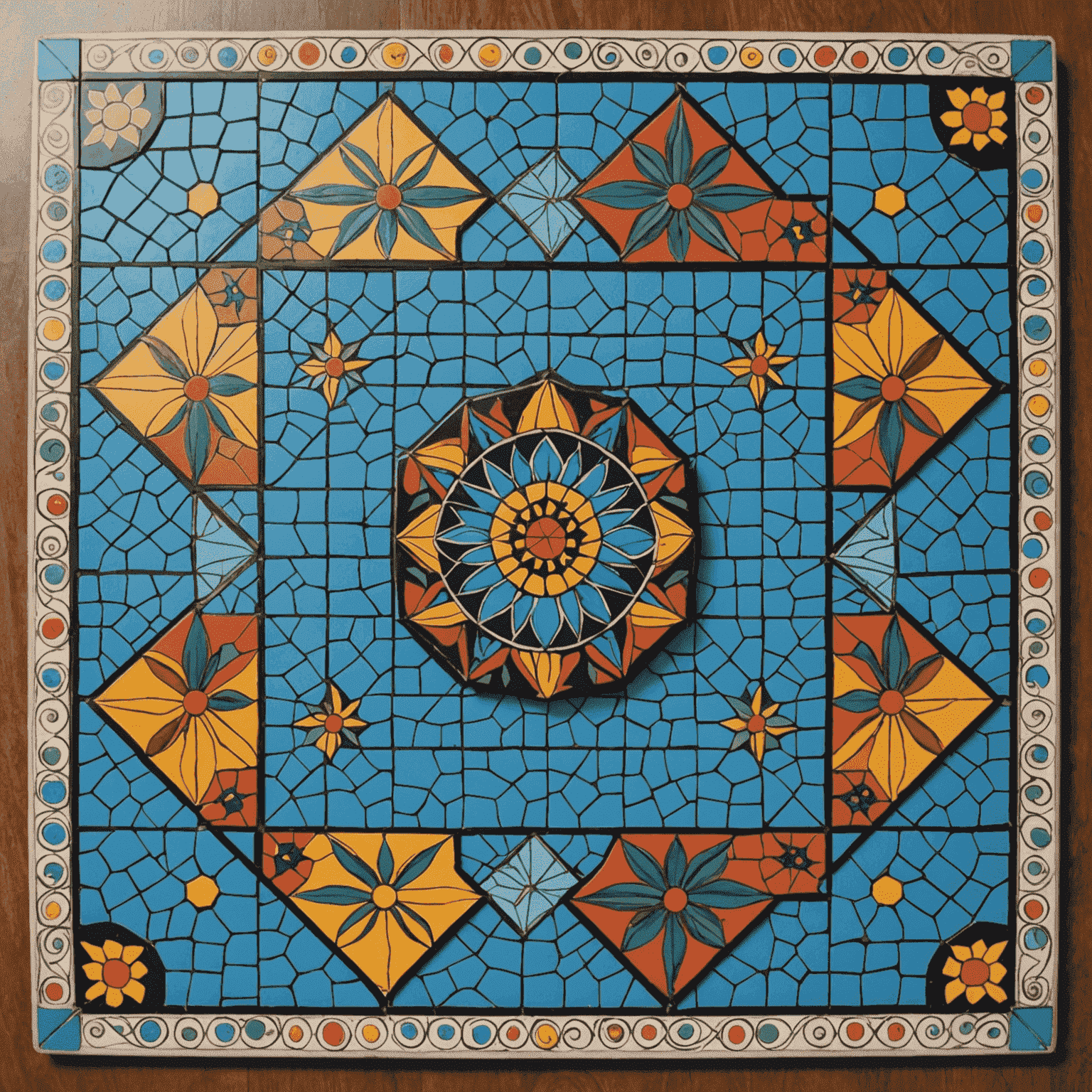 Azul game board with brightly colored tiles arranged in patterns and player boards showing partially completed mosaics