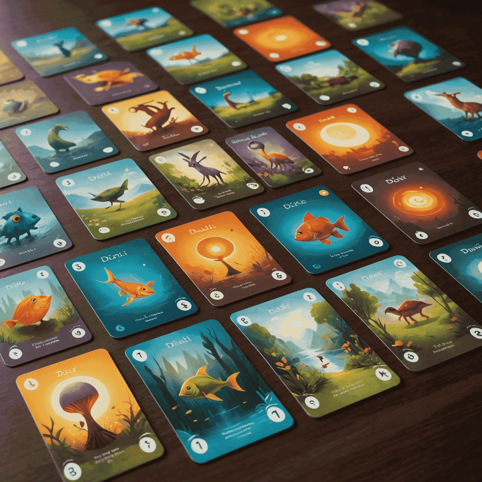 Dixit game cards spread out showing whimsical and dreamlike illustrations, with scoring track and player tokens